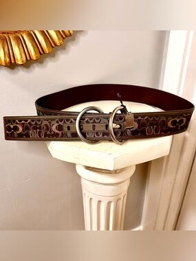 Coach Genuine Leather Belt with Iconic Green/Brown/Tan Fabric. NWT, Sz. XL